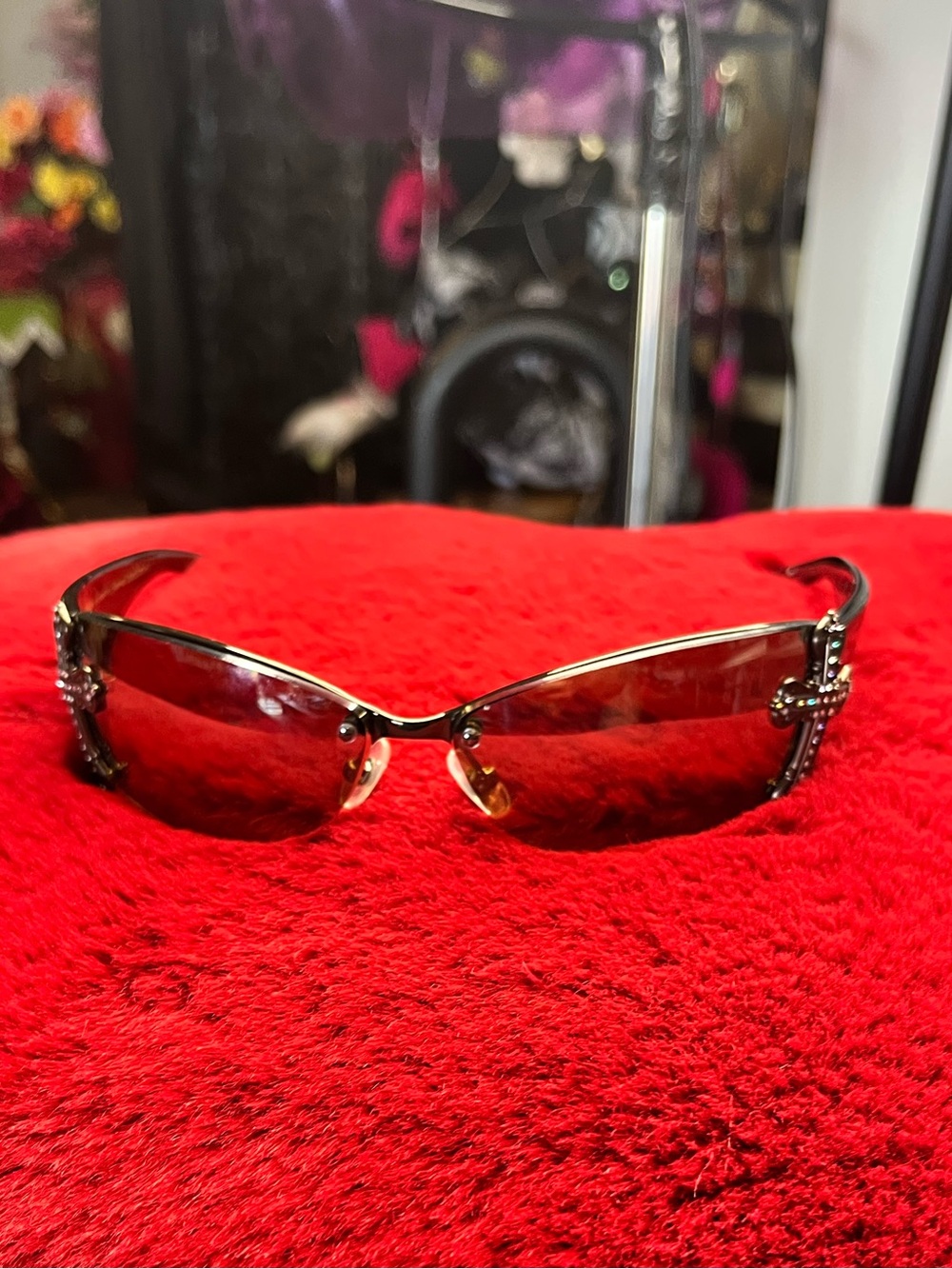 LoreeRodkin Rimless Sunglasses with Brown Gradient Lenses and Gem Crosses